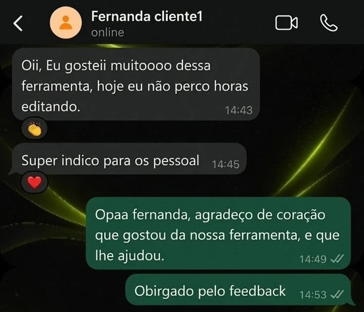 Conversa no WhatsApp com Fernanda, cliente do MultiplikaReels, elogiando a ferramenta
